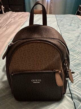 GUESS Brown Logo Mini Backpack with Dark Brown Trim